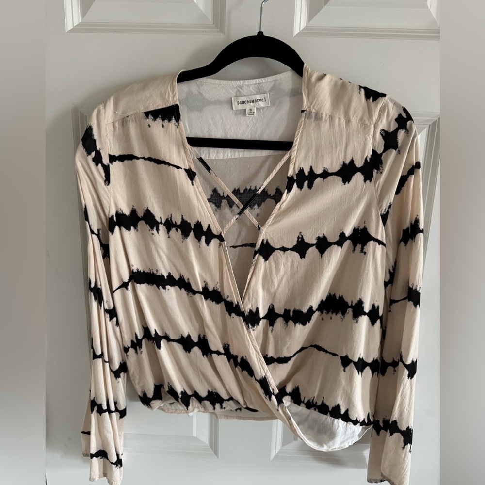 Dance & Marvel Black and Cream Wrap Blouse